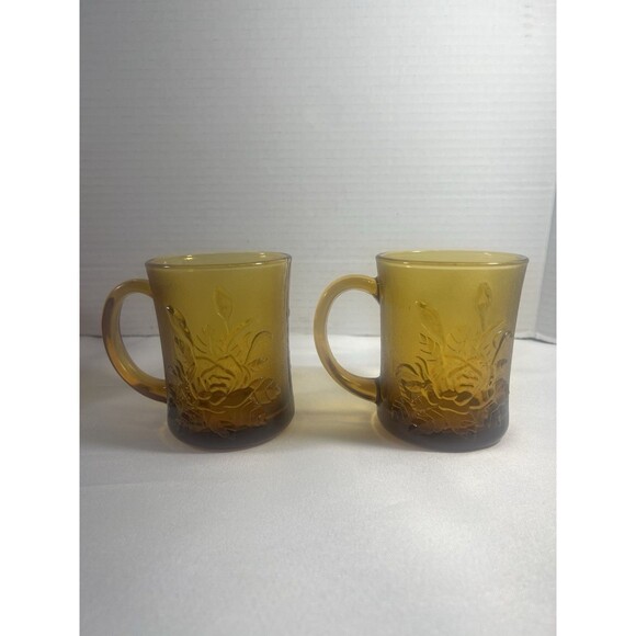 RARE Vintage Amber Rose Glass Mugs Set 2 Indonesia Pasari Liva GB-1199 Gift Box - Picture 14 of 16